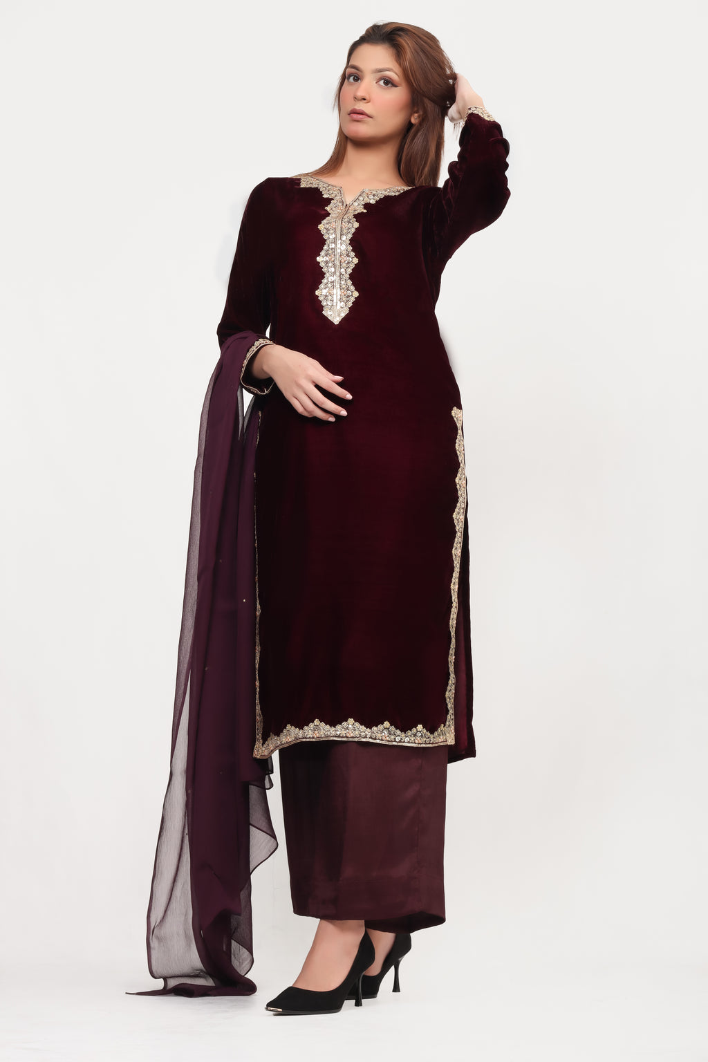 Obsidian Royale Velvet Outfit - 3 Piece Stitched Suit