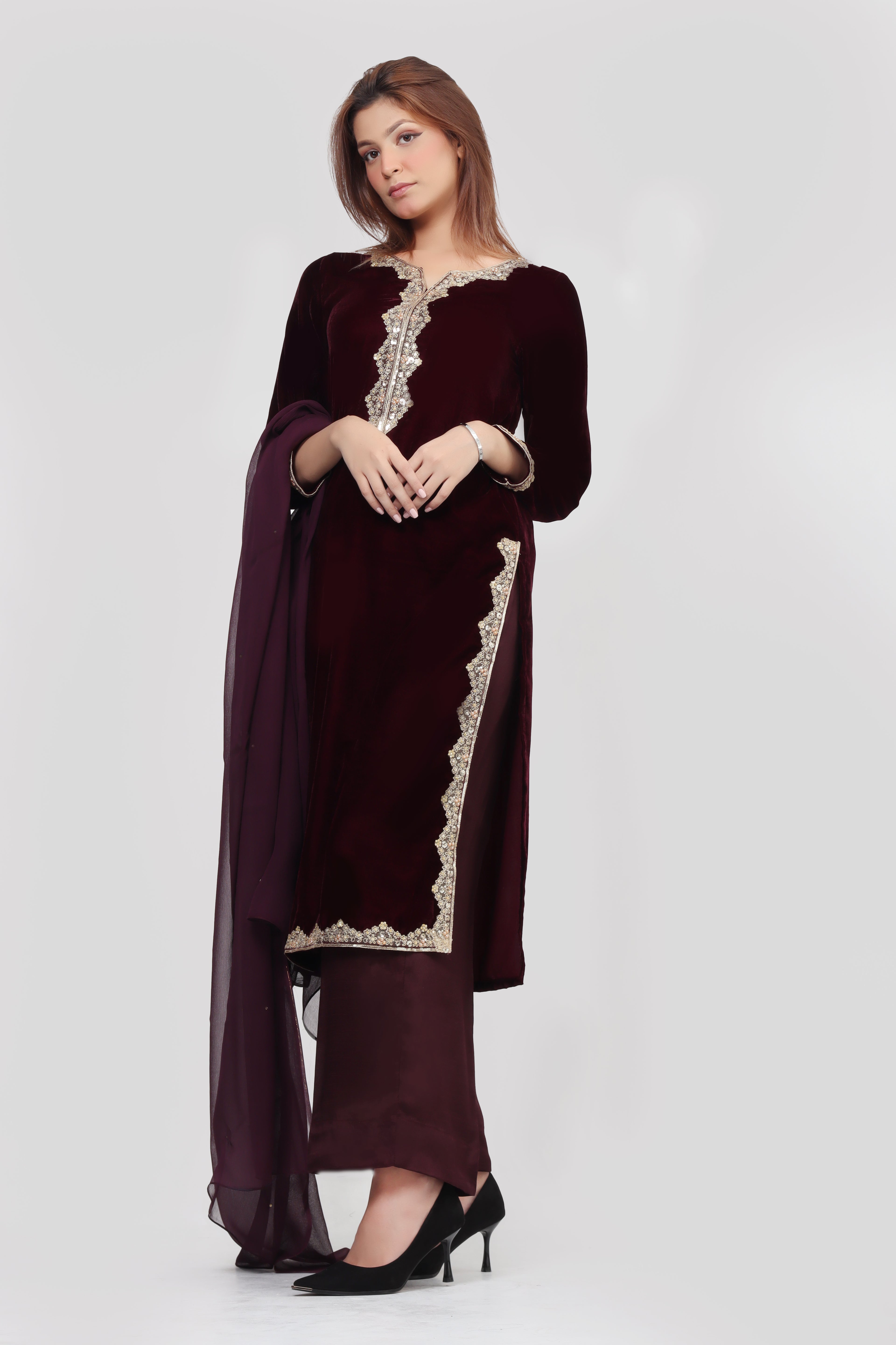 Obsidian Royale Velvet Outfit - 3 Piece Stitched Suit