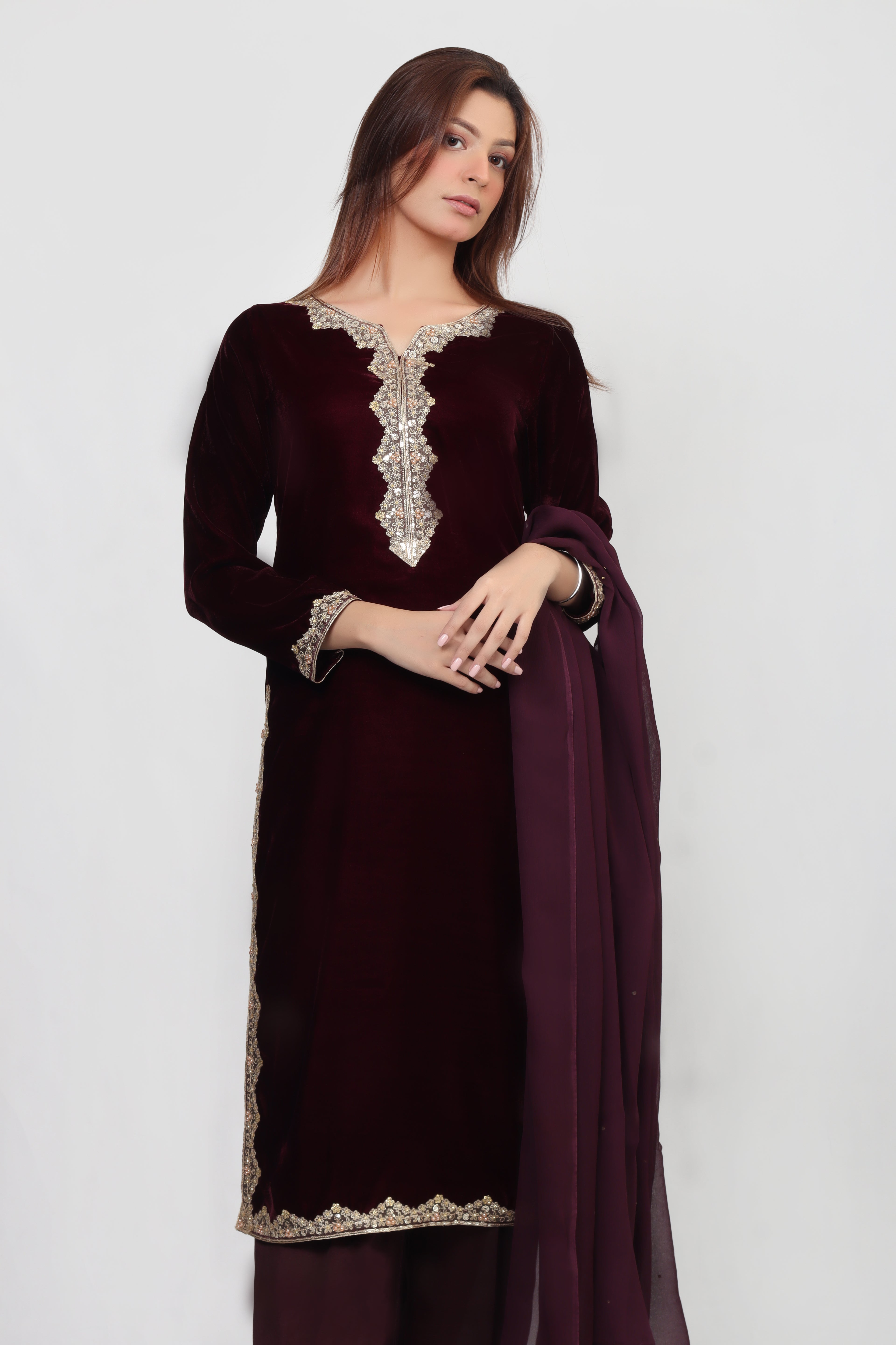 Obsidian Royale Velvet Outfit - 3 Piece Stitched Suit