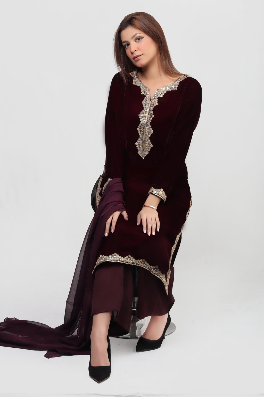 Obsidian Royale Velvet Outfit - 3 Piece Stitched Suit